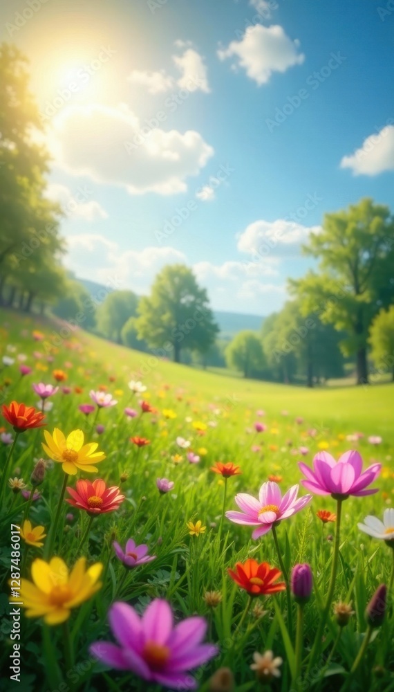 Sun-drenched spring meadow, vibrant wildflowers blooming, cheerful, rays, tranquil Sun-drenched spring meadow, vibrant wildflowers blooming, cheerful, rays, tranquil
