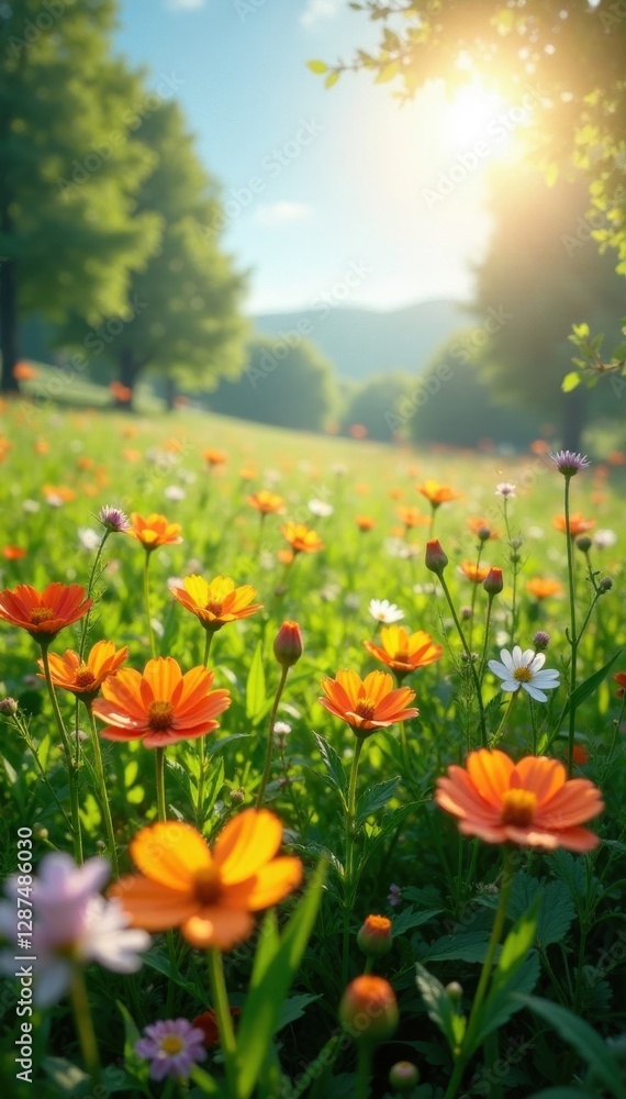 Fototapeta premium Sun-drenched spring meadow, vibrant wildflowers blooming, serene, spring meadow