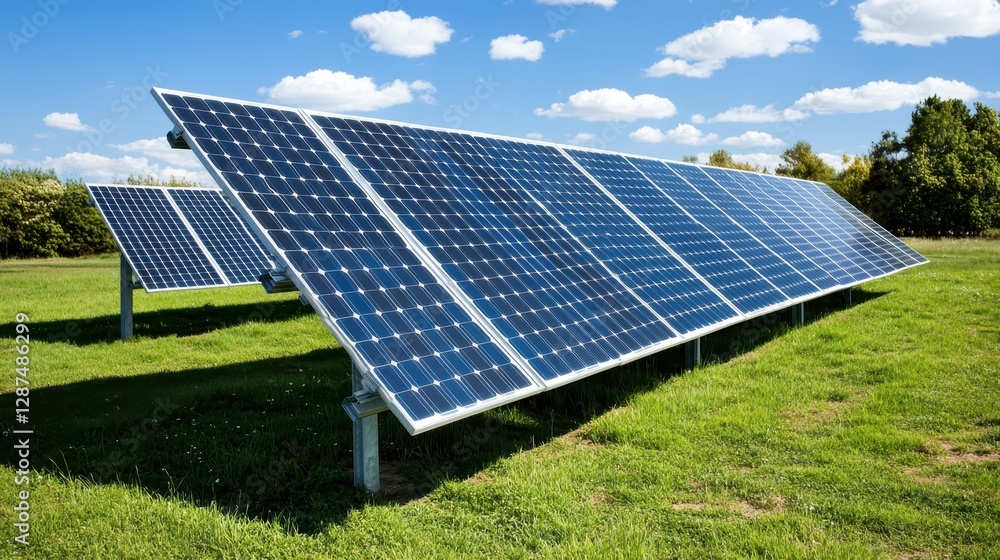 Solar Panels in a Green Field Under Bright Blue Sky with Fluffy White Clouds Solar Panels in a Green Field Under Bright Blue Sky with Fluffy White Clouds