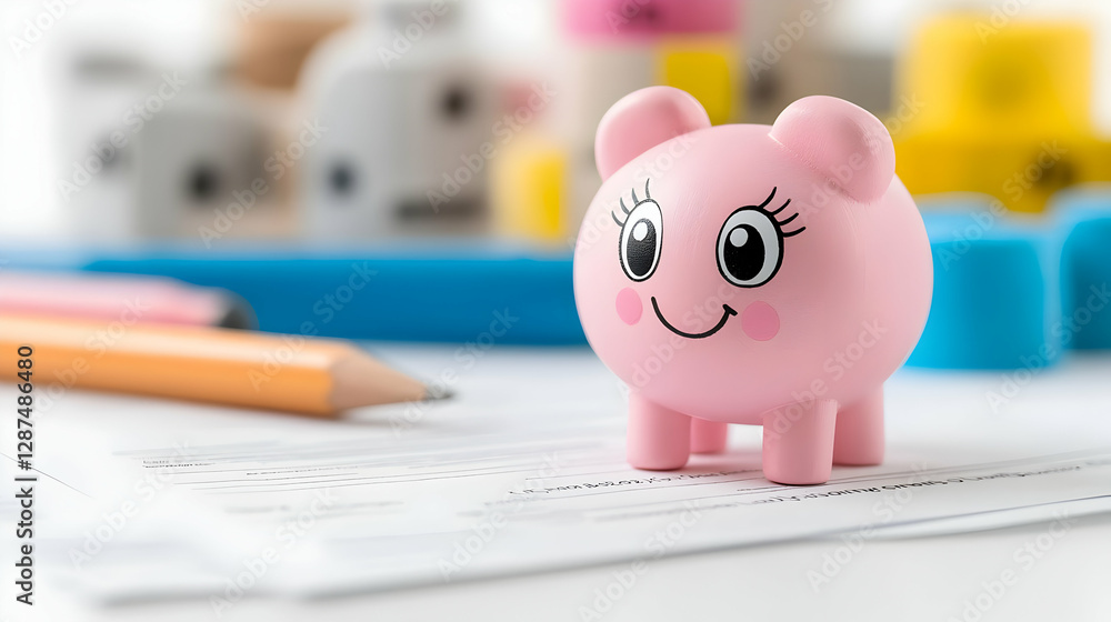 Piggy bank on paperwork, savings, childhood, education, future planning Piggy bank on paperwork, savings, childhood, education, future planning