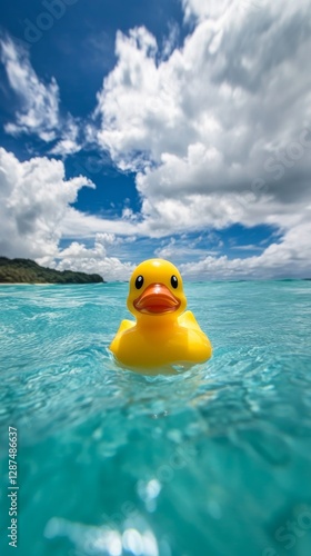 Yellow rubber duck floating on clear turquoise ocean water under vibrant blue sky with clouds. Fun and leisure concept