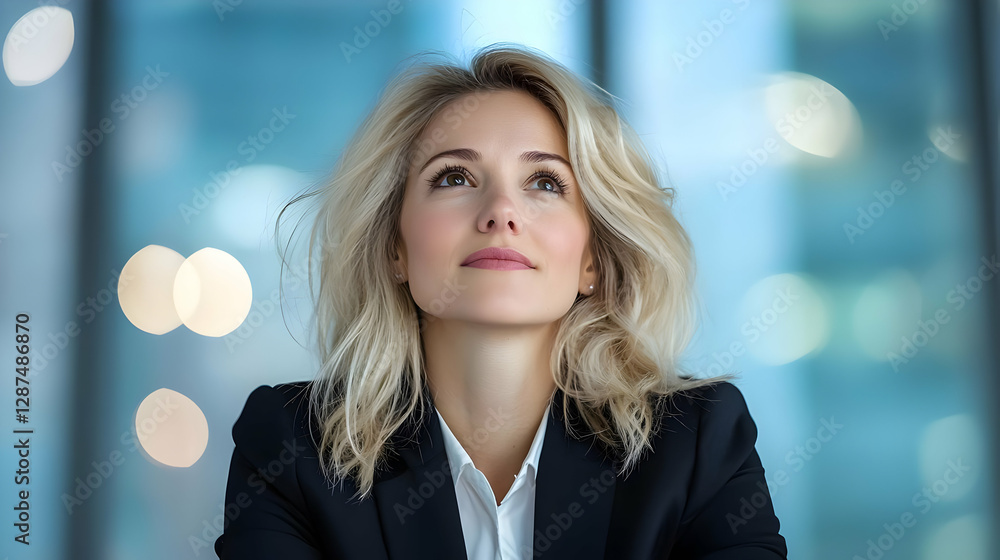 Fototapeta premium Businesswoman looking up, city view, thoughtful, ambition
