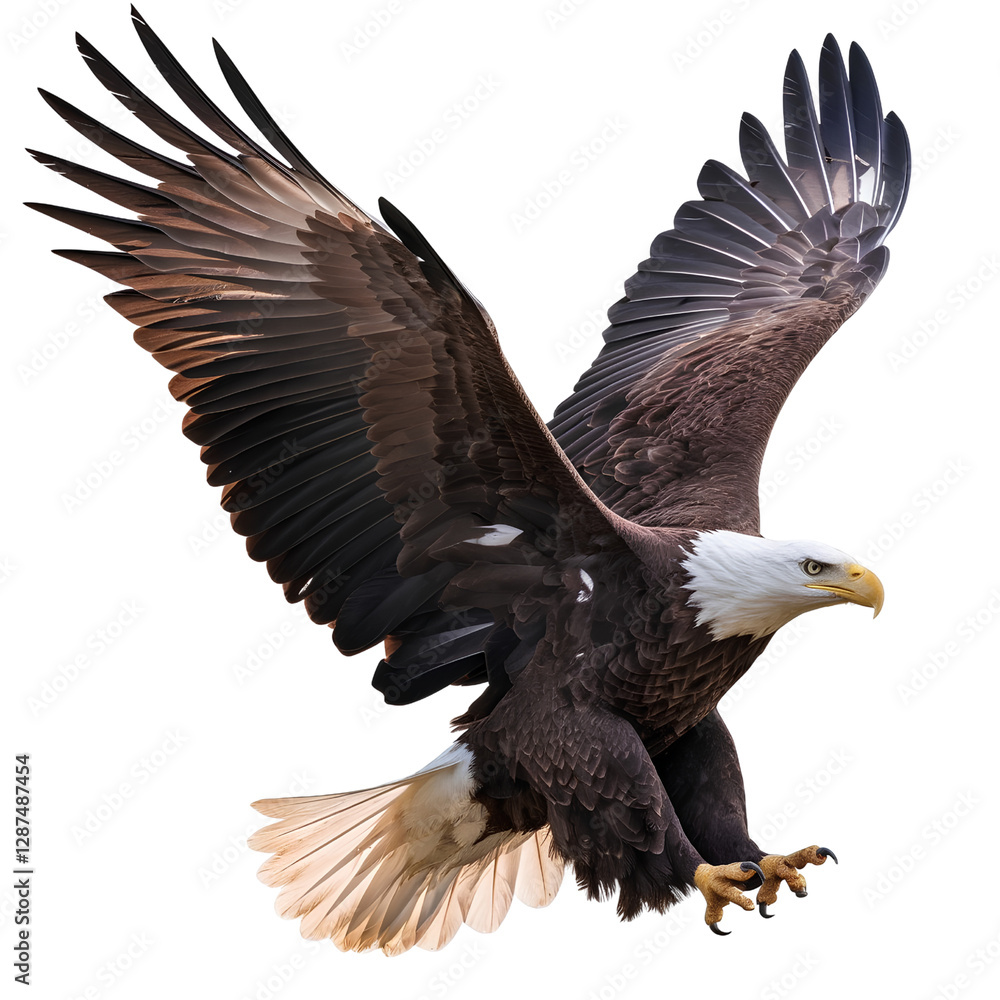 Fototapeta premium Majestic bald eagle in mid-flight with wide-spread wings and sharp talons, isolated on transparent background PNG