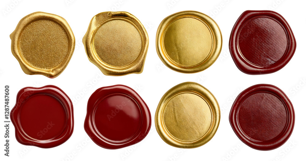 Assorted Wax Seals in Gold and Red for Vintage Decoration, isolated on transparent background Assorted Wax Seals in Gold and Red for Vintage Decoration, isolated on transparent background