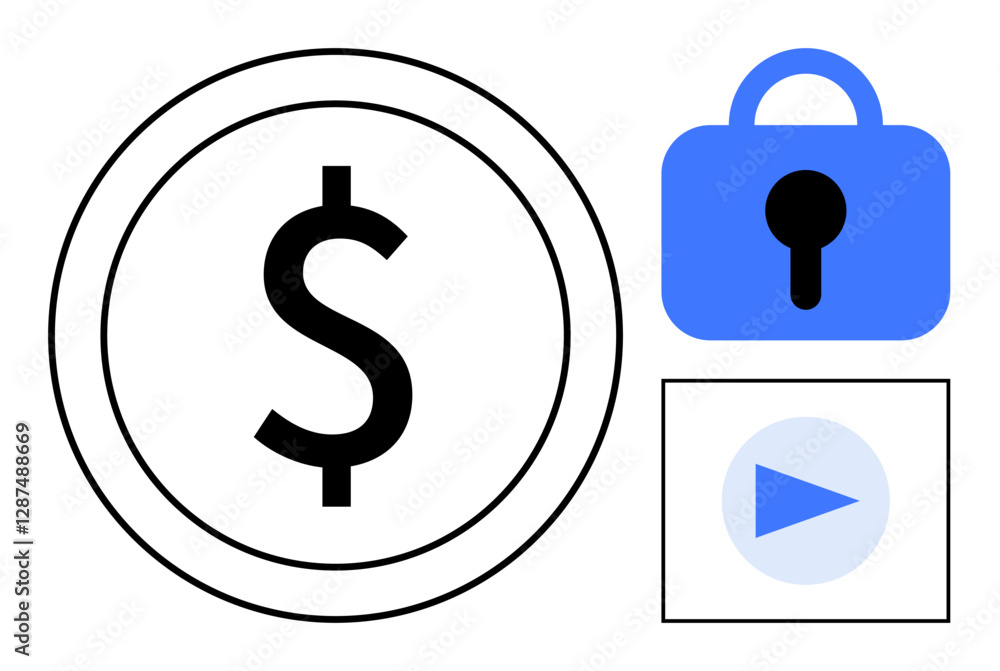 A dollar sign inside a circle, a blue lock with a keyhole, and a play button are shown. Ideal for finance, security, digital transactions, multimedia, and online services themes. Clean, modern A dollar sign inside a circle, a blue lock with a keyhole, and a play button are shown. Ideal for finance, security, digital transactions, multimedia, and online services themes. Clean, modern