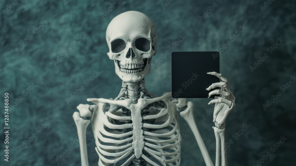 A lifelike skeleton holding an empty black card at chest level, subtle lighting, horror aesthetic. A lifelike skeleton holding an empty black card at chest level, subtle lighting, horror aesthetic.