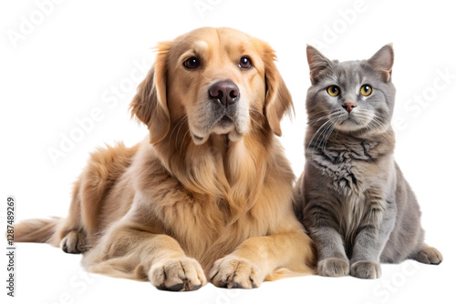 Best Friends: A loyal golden retriever and a sleek grey cat sit side-by-side, their contrasting coats and endearing expressions highlighting their bond, a true testament to interspecies friendship.