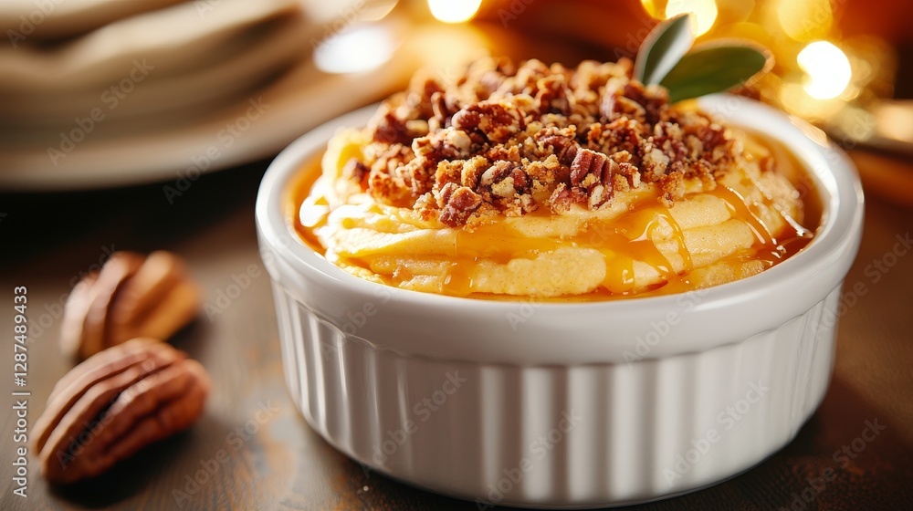 Sweet potatoes whipped into a creamy base, topped with pecan crumble and caramel drizzle, on a table set with Thanksgiving motifs and warm colors Sweet potatoes whipped into a creamy base, topped with pecan crumble and caramel drizzle, on a table set with Thanksgiving motifs and warm colors