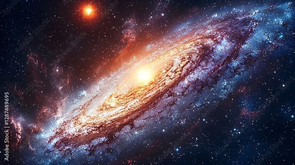 Fototapeta premium Captivating Cosmic Spectacle Swirling Galaxy with Glowing Supernova