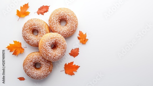 Thanksgiving dessert scene, assortment of apple cider donuts with fall leaves, warm color palette, cozy holiday aesthetic, isolated on white background