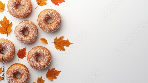 Thanksgiving dessert scene, assortment of apple cider donuts with fall leaves, warm color palette, cozy holiday aesthetic, isolated on white background