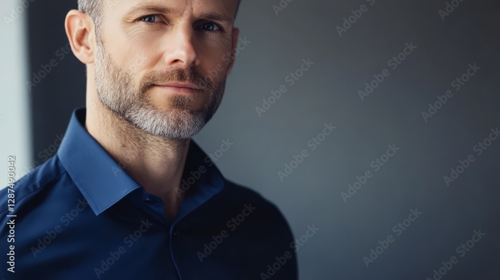 The portrait vividly captures the temperament and style of a modern businessman. His dark blue shirt is not only a symbol of professional status, but also conveys a sense of reserved strength and reli The portrait vividly captures the temperament and style of a modern businessman. His dark blue shirt is not only a symbol of professional status, but also conveys a sense of reserved strength and reli