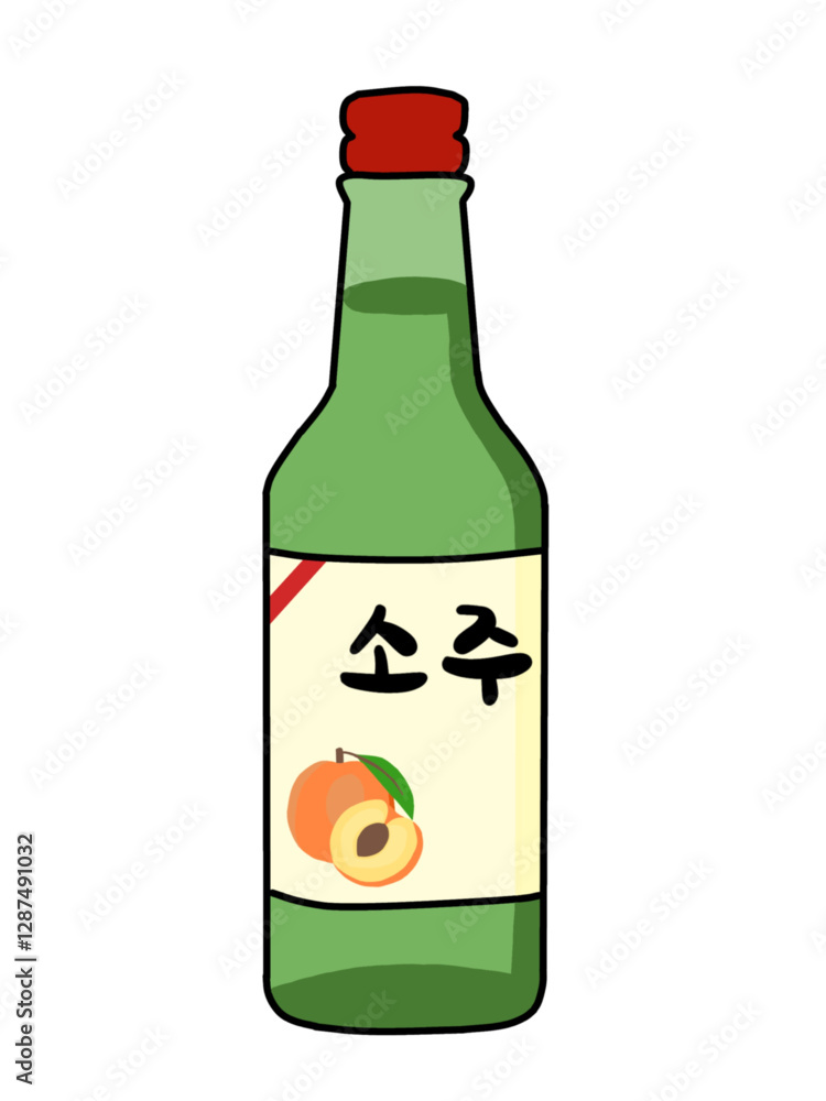 Illustration of soju bottle with a peach on a white background Illustration of soju bottle with a peach on a white background