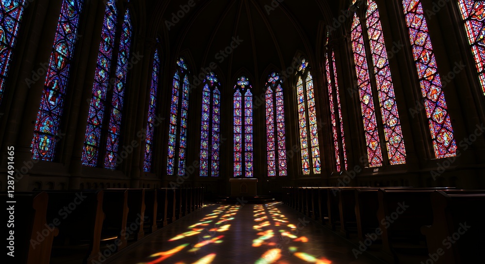 Obraz premium Illuminated Chapel Interior with Stained Glass Windows Casting Colorful Light