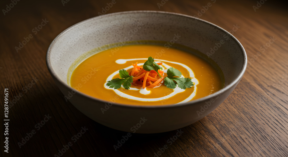 A bowl of creamy carrot soup, garnished with a swirl of cream and fresh herbs, presented on a rustic wooden table. A bowl of creamy carrot soup, garnished with a swirl of cream and fresh herbs, presented on a rustic wooden table.