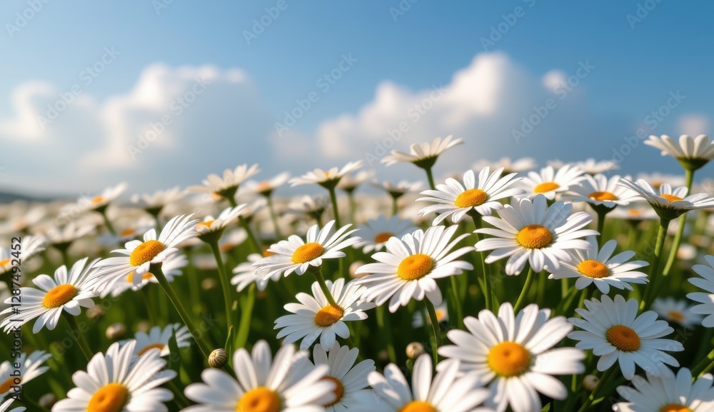 Bright daisies bloom in a vibrant field under a full moon and colorful clouds at sunset Bright daisies bloom in a vibrant field under a full moon and colorful clouds at sunset