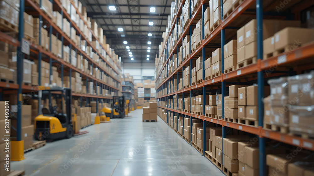 A large warehouse filled with stocked shelves, industrial lighting, and a forklift in the background, representing logistics and supply chain. A large warehouse filled with stocked shelves, industrial lighting, and a forklift in the background, representing logistics and supply chain.