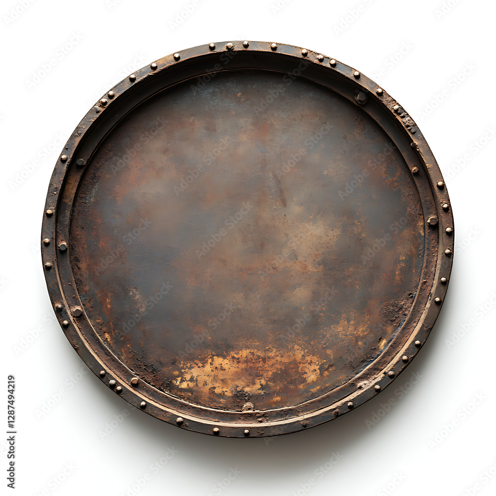 Fototapeta premium Round Rusty Metal Tray on White Background