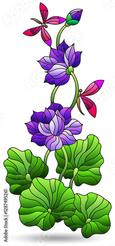 Stained glass illustration with flowers, lotus flower leaves and dragonflies, isolated on a white background