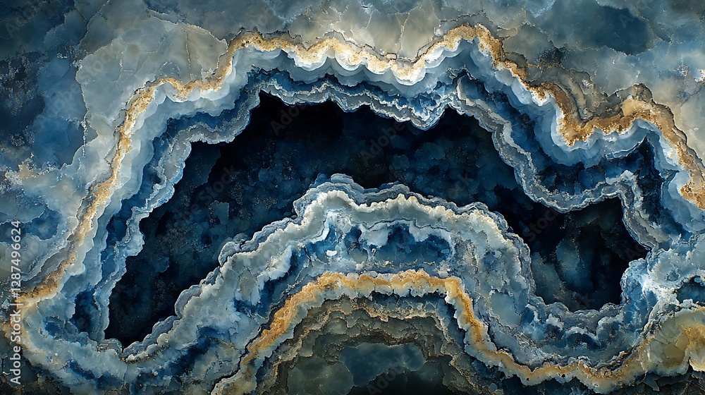 Aerial view of stunning blue and gold agate stone with intricate layers and natural patterns Aerial view of stunning blue and gold agate stone with intricate layers and natural patterns
