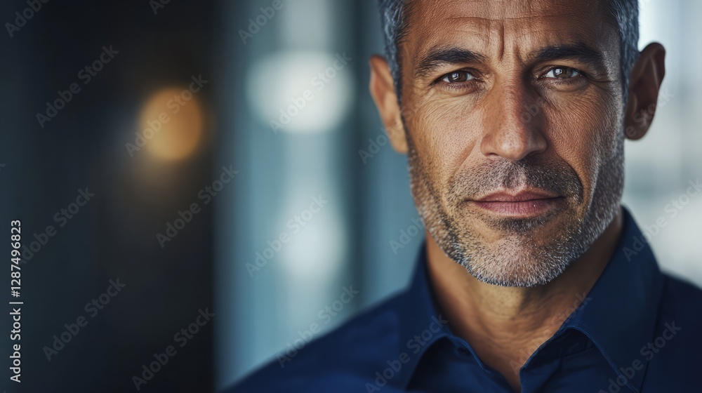 The portrait vividly captures the temperament and style of a modern businessman. His dark blue shirt is not only a symbol of professional status, but also conveys a sense of reserved strength and reli The portrait vividly captures the temperament and style of a modern businessman. His dark blue shirt is not only a symbol of professional status, but also conveys a sense of reserved strength and reli