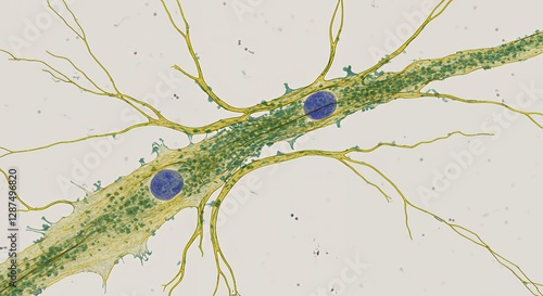 Detailed Microscopic View of Algae Filament with Cells and Branching Strands
