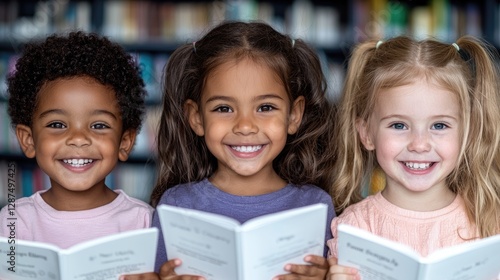 Diverse kids reading books in library