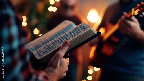 Christmas Carol Night: A Group Singing Hymns with a Bible and Guitar