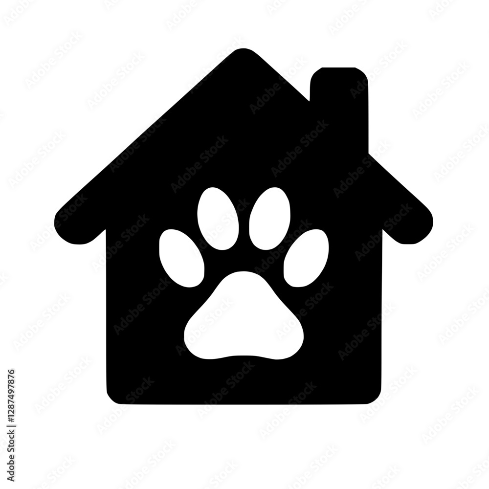 Pet shelter icon featuring a paw print inside a house representing animal care. Pet shelter icon featuring a paw print inside a house representing animal care.
