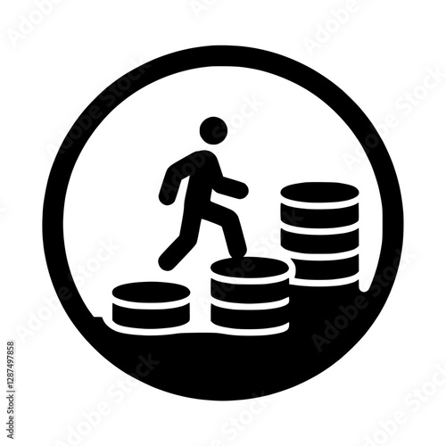 Icon of a person walking on money stacks representing financial growth and achievement.