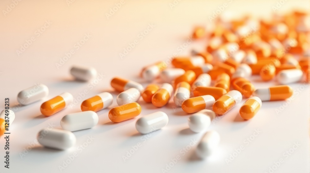 A large number of orange and white capsules scattered across a white surface. A large number of orange and white capsules scattered across a white surface.