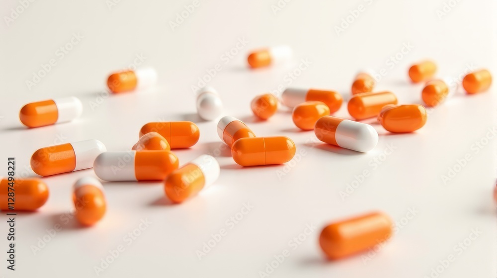 A large number of orange and white capsules scattered across a white surface. A large number of orange and white capsules scattered across a white surface.