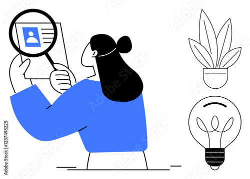 Woman observing a profile with a magnifying glass, representing scrutiny and analysis. Includes a light bulb and potted plant. Ideal for research, innovation, growth, creativity, investigation