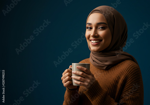 Smiling Muslim Woman Enjoying Warm Beverage in Cozy Brown Sweater Against a Dark Blue Background