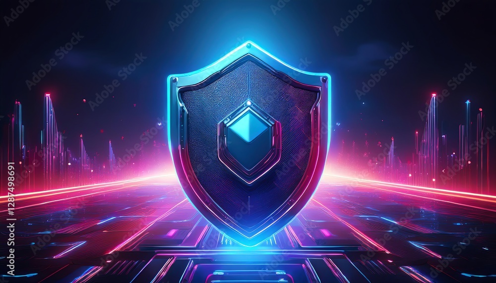 Fototapeta premium A futuristic digital shield glows in vibrant blue and pink hues, symbolizing protection and security within a tech-themed environment.