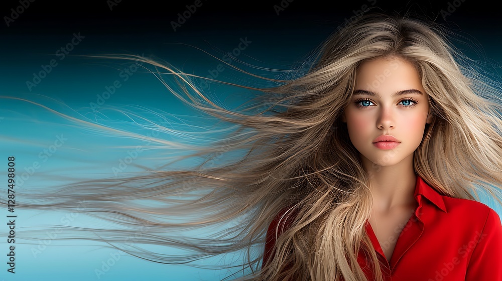 Fototapeta premium Bold and confident young woman with voluminous blonde waves, stylishly dressed in red, striking a dynamic pose against a modern, minimalist blue backdrop. The composition is sleek and highly
