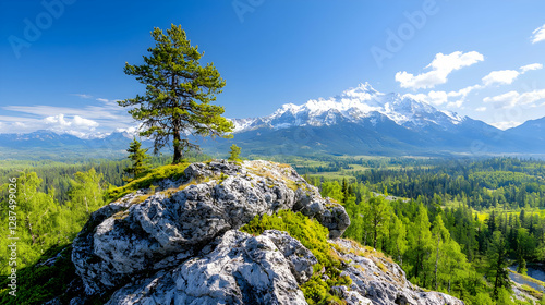 Lone pine atop rocky outcrop, mountain valley vista, sunny day, nature travel poster