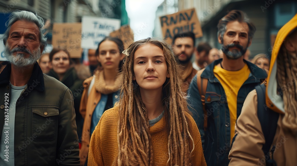 A diverse group of passionate activists of different ages and backgrounds holding signs with environmental messages, protesting against climate change in a busy urban setting, determined expressions, A diverse group of passionate activists of different ages and backgrounds holding signs with environmental messages, protesting against climate change in a busy urban setting, determined expressions,