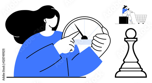 Woman pointing at speedometer, person sitting in shopping cart, and chess pawn. Ideal for time management, shopping, strategy, decision making, planning efficiency productivity. Minimalist blue