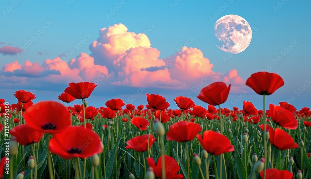Fototapeta premium A beautiful field of red tulips and poppies under a blue sky