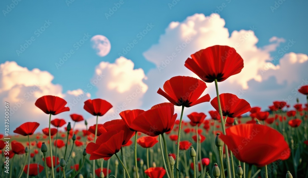 Obraz premium A beautiful field of red tulips and poppies under a blue sky