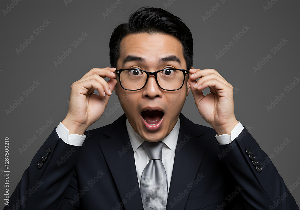 Astonished Businessman in Suit, Shocked Expression, Wide Eyes, Holding Glasses, Portrait Photography, Studio Shot, Gray Background Astonished Businessman in Suit, Shocked Expression, Wide Eyes, Holding Glasses, Portrait Photography, Studio Shot, Gray Background