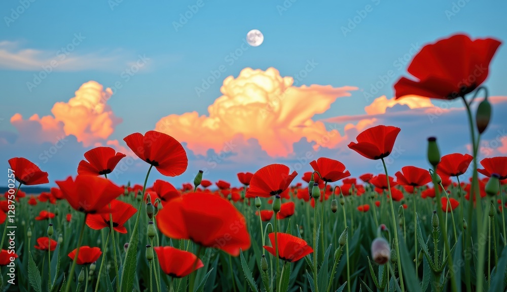 Obraz premium A beautiful field of red tulips and poppies under a blue sky