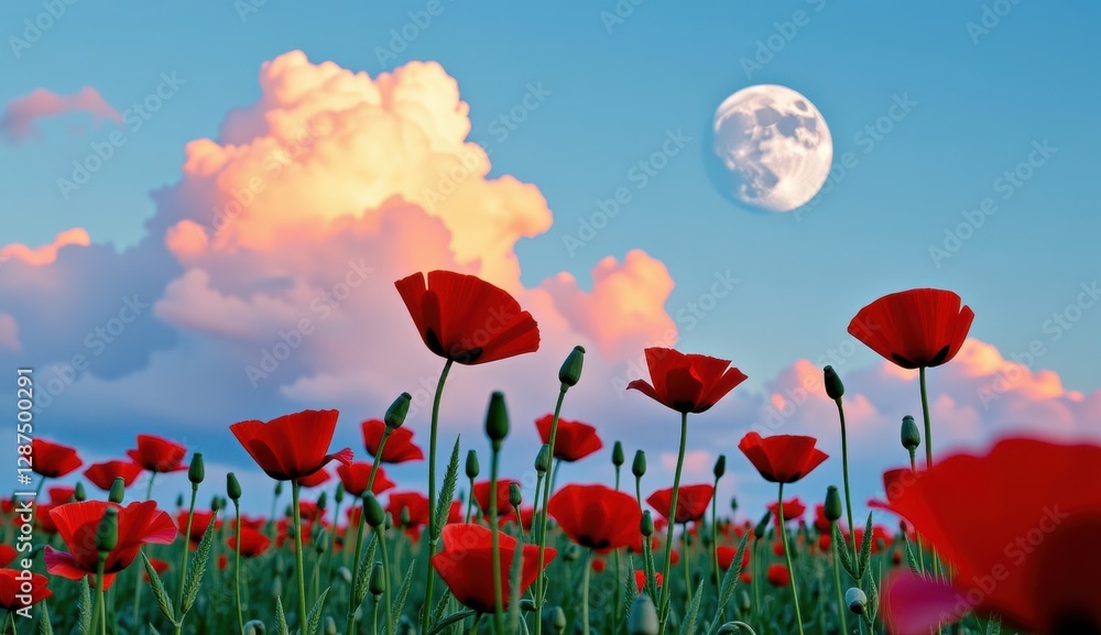 Fototapeta premium Red poppies sway in a vibrant field under a bright moonlit sky with fluffy clouds at dusk