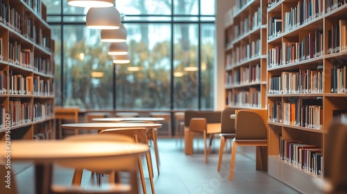 Wallpaper Mural Modern library interior with bookshelves, tables, and chairs near a large window. Torontodigital.ca