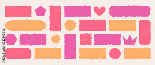 Jagged Rectangle collection. Tattered frame or text box with jagged edges. Colorful Square, heart, crown shaped with torn paper effect. Vector illustration in grunge style.