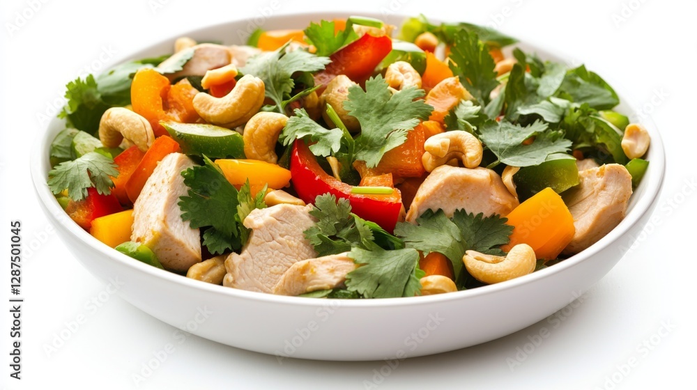 Aromatic stir-fried chicken with cashew nuts, bell peppers, and fresh cilantro, isolated on a white background. --chaos 20 --ar 16:9 --quality 2 --v 6.1 Job ID: c039e9bf-a5e7-43dd-aeb1-72d34ab9fb4e Aromatic stir-fried chicken with cashew nuts, bell peppers, and fresh cilantro, isolated on a white background. --chaos 20 --ar 16:9 --quality 2 --v 6.1 Job ID: c039e9bf-a5e7-43dd-aeb1-72d34ab9fb4e