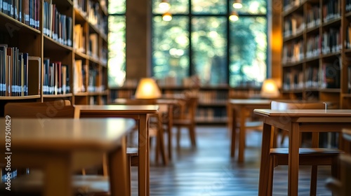 Wallpaper Mural Serene library interior with wooden tables, chairs, bookshelves, and large windows. Torontodigital.ca