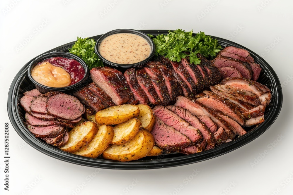 Gourmet Meat Platter with Assorted Cuts, Sauces and Sides on Black Serving Tray Gourmet Meat Platter with Assorted Cuts, Sauces and Sides on Black Serving Tray