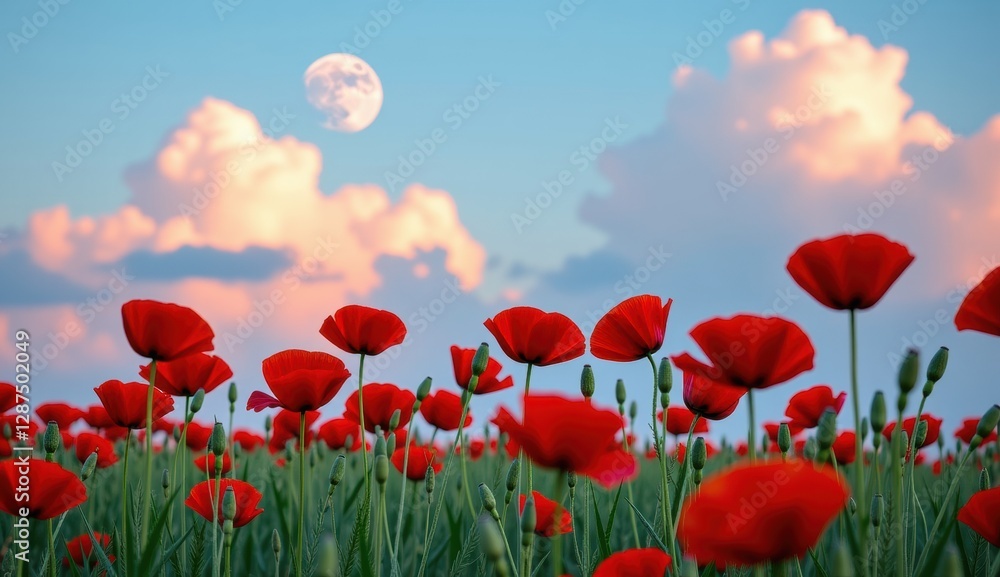 Fototapeta premium Red poppies sway in a vibrant field under a bright moonlit sky with fluffy clouds at dusk